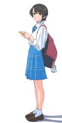 Rule 34 | 1girl, absurdres, backpack, bag, bag charm, black hair, blue skirt, bow, bowtie, charm (object), collared shirt, full body, green eyes, highres, holding, hololive, loafers, looking at viewer, oozora subaru, parted lips, saitama (antitankromeo), school uniform, shirt, shoes, short hair, simple background, skirt, socks, solo, standing, subaru duck, virtual youtuber, white background, white shirt