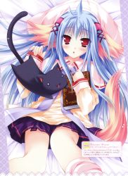 Rule 34 | 1girl, :3, :d, :o, absurdres, animal, animal ears, artist request, bed sheet, blue hair, book, cat, dengeki moeou, from above, hat, highres, long hair, looking at viewer, lying, nursery rhyme, on back, open mouth, parted lips, pillow, pointy ears, red eyes, shikishima krile, smile, tail