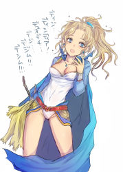Rule 34 | 1990s (style), 1girl, amano yoshitaka design, belt, blonde hair, blue eyes, breasts, cape, cleavage, dissidia 012 final fantasy, dissidia final fantasy, earrings, final fantasy, final fantasy vi, jewelry, kara (color), leotard, necklace, official alternate costume, open mouth, ponytail, retro artstyle, simple background, solo, tina branford, translation request