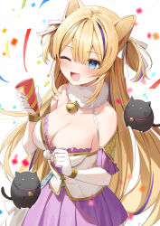 Rule 34 | 1girl, ;d, animal, animal ears, bare shoulders, bell, blonde hair, blue eyes, breasts, cat, cat ears, cleavage, commission, cowboy shot, elbow gloves, fur collar, gloves, gold trim, hair ribbon, highres, holding, indie virtual youtuber, jingle bell, long hair, looking at viewer, medium breasts, multicolored hair, nekosaki anji, one eye closed, open mouth, party popper, pixiv commission, pleated skirt, purple skirt, ribbon, shirt, skirt, sleeveless, sleeveless shirt, smile, solo, spaghetti strap, streaked hair, two side up, very long hair, virtual youtuber, white gloves, white shirt, yon (letter)