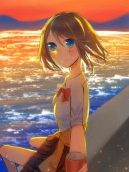 Rule 34 | 1girl, artist name, artist request, bare legs, black skirt, blue eyes, blush, bow, can, clothes around waist, cloud, collared shirt, cup, drinking glass, female focus, grey hair, highres, holding, holding can, light brown hair, looking at viewer, love live!, love live! sunshine!!, mountain, ocean, outdoors, parted lips, red bow, shinichi kurobane, shirt, shirt around waist, short hair, sitting, skirt, sky, smile, solo, sunset, watanabe you, white shirt