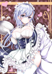 Rule 34 | 1girl, absurdres, apron, azur lane, belfast (azur lane), breasts, cleavage, clothes lift, elbow gloves, gloves, grey eyes, grey hair, heart, highres, holding, holding tray, huge breasts, kuromiko shoujo, long hair, maid, maid apron, maid headdress, skirt, skirt lift, solo, thighhighs, tray, white gloves, white thighhighs