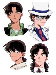 Rule 34 | 4boys, black hair, blue eyes, blue shirt, closed mouth, collared shirt, commentary request, cropped shoulders, curly hair, green shirt, hair between eyes, hat, hattori heiji, highres, iori muga, kaitou kid, long hair, looking at viewer, male focus, meitantei conan, monocle, multiple boys, necktie, okita soushi (meitantei conan), parted bangs, red necktie, s ss x3, shirt, short hair, smile, top hat, undershirt, v-shaped eyebrows, white hat