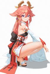 Rule 34 | 1girl, animal ears, bare legs, bare shoulders, breasts, detached sleeves, earrings, fox ears, from side, full body, genshin impact, grin, highres, japanese clothes, jewelry, kimono, l.j., long hair, long sleeves, looking at viewer, medium breasts, miko, obi, pink hair, purple eyes, sandals, sash, short kimono, smile, solo, squatting, thighs, wide sleeves, yae miko