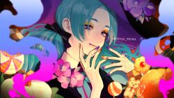 Rule 34 | 1girl, artist name, black ribbon, black shirt, blue hair, blue necktie, candy, closed mouth, collared shirt, commentary, english commentary, eyeshadow, flower, food, hair ribbon, hands up, highres, licking lips, lollipop, long hair, looking at viewer, makeup, minai mosa, necktie, orange nails, original, pink flower, puffy short sleeves, puffy sleeves, pumpkin, purple background, purple eyes, purple flower, purple nails, ribbon, shirt, short sleeves, smoke, solo, tongue, tongue out, twitter username, upper body, yellow eyeshadow