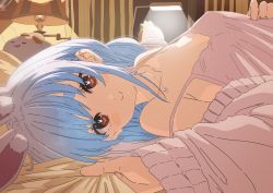 Rule 34 | 1girl, absurdres, animal ears, bed sheet, blush, breasts, brown eyes, camisole, closed mouth, commentary request, grabbing, hasu, highres, holding, holding sheet, hololive, jewelry, lamp, long hair, looking at viewer, lying, necklace, on bed, on side, parted lips, pillow, rabbit-shaped pupils, rabbit ears, rabbit girl, sheet grab, small breasts, smile, solo, stuffed toy, sweater, symbol-shaped pupils, usada pekora, virtual youtuber, white camisole, white sweater