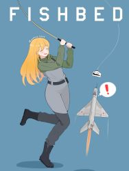 Rule 34 | !, 1girl, ^ ^, afterburner, aircraft, airplane, artist name, atamonica, belt, blonde hair, blush, boots, closed eyes, commentary, commentary request, english commentary, closed eyes, fighter jet, fishing rod, highres, jet, long hair, mig-21, military, military vehicle, original, smile, thought bubble