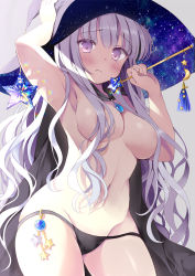 Rule 34 | 1girl, arm up, armpits, black panties, breasts, cape, cleavage, cowboy shot, groin, hair censor, hat, holding, hoshino koucha, large breasts, light purple hair, long hair, looking at viewer, navel, original, panties, purple eyes, solo, standing, star (symbol), stomach, thighs, topless, underwear, very long hair, wand, wavy hair, witch, witch hat