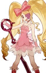 Rule 34 | 1girl, absurdres, bare shoulders, big hair, blonde hair, boots, bow, breasts, commentary, dress, drill hair, earrings, eyepatch, feet out of frame, fingernails, grey eyes, harime nui, heart, heart earrings, heart in eye, highres, huge bow, jewelry, kill la kill, layered dress, legs apart, long hair, looking at viewer, nail polish, one eye covered, open mouth, p (pm 611a), pink bow, pink dress, pink footwear, pink nails, scissor blade (kill la kill), simple background, small breasts, smile, solo, standing, strapless, strapless dress, symbol in eye, twin drills, twintails, very long hair, white background, wrist cuffs