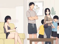 Rule 34 | 2girls, 4boys, bag, black hair, black pants, black shorts, braid, braided ponytail, breasts, brown shirt, cellphone, cleavage, couch, crossed arms, elder sister (pepper0), faceless, faceless male, father (pepper0), father and daughter, father and son, highres, holding, holding bag, holding phone, indoors, large breasts, long hair, looking at another, mother (pepper0), mother and daughter, mother and son, multiple boys, multiple girls, on couch, original, pants, pepper0, phone, photo (object), plant, shirt, short hair, shorts, sitting, table, walking