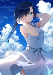Rule 34 | 1girl, arms up, bare arms, bare shoulders, black hair, blue eyes, blush, breast pocket, closed mouth, cloud, cloudy sky, collared dress, commentary request, cowboy shot, day, dress, hair over one eye, hands in hair, heterochromia, highres, long hair, looking at viewer, nonono (nononotea), original, outdoors, pocket, ribbon, side ponytail, sky, sleeveless, sleeveless dress, smile, solo, white dress, white ribbon, yellow eyes