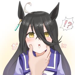 Rule 34 | !?, 1girl, animal ears, black hair, blush, commentary request, disembodied hand, earrings, face squeeze, gradient background, hair between eyes, highres, horse ears, horse girl, jewelry, long hair, long sleeves, looking at viewer, manhattan cafe (umamusume), matsuba mattsu, multicolored hair, school uniform, single earring, solo focus, streaked hair, tracen school uniform, translation request, umamusume, white hair, winter uniform, yellow eyes