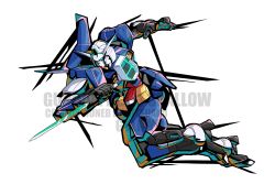 Rule 34 | absurdres, blue eyes, character name, commission, flying, glowing, glowing eyes, gundam, gundam age, gundam age-1, gundam age-1 spallow, gylmyr, highres, horns, mecha, no humans, open hand, robot, solo, watermark, white background