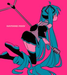 Rule 34 | 1girl, ahoge, aqua hair, black skirt, black sleeves, blue necktie, boots, character name, detached sleeves, from side, grey shirt, hatsune miku, highres, holding, holding microphone stand, long hair, menma (enaic31), microphone, microphone stand, necktie, pleated skirt, shirt, skirt, sleeveless, solo, thigh boots, twintails, very long hair, vintage microphone, vocaloid