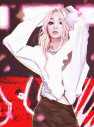Rule 34 | 1girl, arms behind head, black skirt, blonde hair, brown eyes, g-i-dle, highres, jewelry, jiangkang meizi, k-pop, light particles, long hair, looking down, midriff peek, necklace, parted hair, real life, realistic, shirt, shirt tucked in, skirt, solo, song yu qi, white shirt