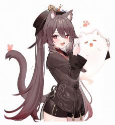 Rule 34 | 1girl, :d, animal ears, banned artist, black headwear, brown hair, brown jacket, cat ears, cat tail, flower-shaped pupils, genshin impact, ghost, hair between eyes, hat, hu tao (genshin impact), jacket, kemonomimi mode, long hair, muryotaro, open mouth, red eyes, smile, symbol-shaped pupils, tail, twintails