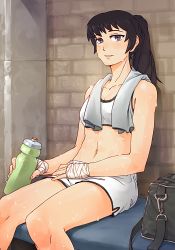 Rule 34 | 1girl, abs, bag, black hair, blush, bottle, breasts, drawfag, duffel bag, female focus, hand wraps, ishido natsuo, long hair, midriff, mixed martial arts, navel, orz (orz57), ponytail, shorts, sitting, small breasts, smile, solo, sports bra, sweat, teppu, towel, towel around neck, water bottle, wrist wrap