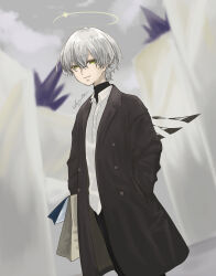 Rule 34 | 1boy, absurdres, arene (arknights), arknights, bag, black jacket, black pants, blurry, blurry background, closed mouth, collared shirt, depth of field, dress shirt, green eyes, grey hair, hair between eyes, halo, highres, jacket, kaprice, looking at viewer, male focus, open clothes, open jacket, pants, shirt, smile, solo, twitter username, white shirt
