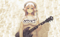 Rule 34 | 1girl, blouse, breasts, cable, character name, clothes writing, guitar, headphones, highres, huge breasts, instrument, large breasts, long hair, nipples, nitroplus, official art, official wallpaper, see-through, shirt, solo, super sonico, t-shirt, tsuji santa, wallpaper, white shirt
