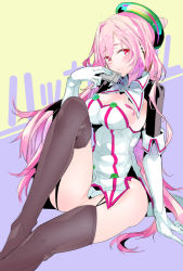 Rule 34 | 10s, 1girl, bad id, bad pixiv id, black thighhighs, breasts, cameltoe, cleavage, elbow gloves, gloves, hacka doll, hacka doll 2, long hair, looking at viewer, pink hair, red eyes, smile, solo, tajima ryuushi, thighhighs, white gloves