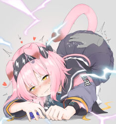 Rule 34 | 1girl, animal ears, arknights, black bracelet, black hairband, black skirt, blush, bow, cat ears, cat girl, cat tail, clenched teeth, clothes writing, disembodied hand, electricity, floppy ears, goldenglow (arknights), hair between eyes, hair bow, hairband, heart, highres, infection monitor (arknights), jacket, lightning bolt print, lightning bolt symbol, long sleeves, parted lips, pcaccount13, pink hair, simple background, skirt, solo, spanking, spoken heart, tail, tareme, teeth, thighhighs, top-down bottom-up, white thighhighs, yellow eyes
