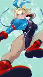 Rule 34 | 1girl, alternate costume, blonde hair, blue eyes, boots, cammy white, combat boots, facial scar, jacket, kicking, leotard, looking at viewer, ribbon, scar, scar on cheek, scar on face, short hair, solo, street fighter, street fighter 6, thong leotard, yonezawa mao