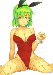 Rule 34 | 1girl, animal ears, bare shoulders, blush, breasts, cleavage, female focus, fishnet pantyhose, fishnets, green hair, kazami yuuka, large breasts, leotard, pantyhose, playboy bunny, rabbit ears, red eyes, red leotard, short hair, sitting, solo, spread legs, thighs, touhou, wrist cuffs, yuuji (and)