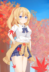 Rule 34 | 1girl, absurdres, astoria (azur lane), astoria (pure &quot;gurl?&quot;) (azur lane), autumn leaves, azur lane, blonde hair, blue bow, blue eyes, blue skirt, blue sky, blurry, blurry background, blush, bow, breasts, brown cardigan, cardigan, cardigan around waist, closed mouth, clothes around waist, collared shirt, commentary request, day, depth of field, dress shirt, hair between eyes, hair ornament, hair scrunchie, hairclip, hand on own hip, heart, heart hair ornament, high ponytail, highres, leaf, long sleeves, maple leaf, medium breasts, outdoors, plaid, plaid bow, plaid skirt, pleated skirt, ponytail, red scrunchie, roido (taniko-t-1218), scrunchie, shirt, short sleeves, skirt, sky, smile, solo, tree, white shirt