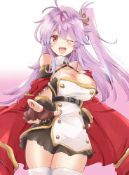 Rule 34 | 1girl, azur lane, blush, breasts, cleavage, collarbone, commentary request, fingerless gloves, gloves, grenville (azur lane), hair between eyes, hair ornament, highres, jacket, large breasts, long hair, looking at viewer, multicolored hair, one eye closed, one side up, open mouth, purple hair, red eyes, smile, solo, thighhighs, tonchinkan, white thighhighs