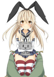 Rule 34 | 10s, 1girl, bad id, bad pixiv id, blonde hair, brown eyes, cushion, elbow gloves, gloves, hairband, haru mari, kantai collection, long hair, personification, rensouhou-chan, shimakaze (kancolle), smile, solo, striped clothes, striped thighhighs, thighhighs