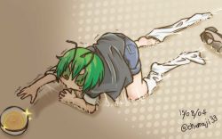 Rule 34 | 1girl, antennae, bowl, cape, chamaji, commentary request, crawling, denim, denim shorts, green eyes, green hair, honey, one-hour drawing challenge, reaching, shoes, short hair, short shorts, short sleeves, shorts, socks, solo, sparkle, sticky, sweatdrop, touhou, wriggle nightbug
