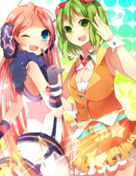 Rule 34 | 2girls, ahoge, ao ringo, blue eyes, breasts, cleavage, goggles, goggles on head, green eyes, green hair, gumi, headphones, long hair, multiple girls, one eye closed, red hair, sf-a2 miki, short hair, smile, vocaloid, wink