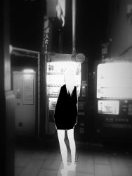 Rule 34 | 1girl, absurdres, backlighting, blurry, building, coca-cola, drink, greyscale, hands in pockets, highres, lamppost, long hair, monochrome, night, original, sign, snow brs, solo, vending machine