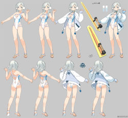 Rule 34 | 1girl, ainu clothes, amazuyu tatsuki, animal ears, aquaplus, arm up, ass, ass focus, back, backless outfit, bare arms, bare legs, bare shoulders, blush, breasts, cleavage, cleavage cutout, unworn clothes, clothing cutout, collarbone, competition swimsuit, concept art, curly hair, eyelashes, feet, fingerless gloves, from behind, full body, gloves, grey eyes, hair over one eye, hair over shoulder, highres, jacket, large breasts, long sleeves, looking at viewer, medium hair, multiple views, munechika, official art, one-piece swimsuit, open clothes, open jacket, parted lips, rabbit tail, sandals, sidelocks, silver hair, sleeveless, standing, swept bangs, swimsuit, tail, taut clothes, taut swimsuit, thick thighs, thighs, toes, toned, toned female, toned stomach, translation request, utawarerumono, utawarerumono: itsuwari no kamen, utawarerumono: lost flag