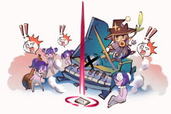 Rule 34 | !, !!, 5girls, alternate color, blue capelet, brown headwear, capelet, card, cat girl, colored skin, commentary request, double bun, doughnut, dress, ferre (ragnarok online), food, full body, furry, furry female, grand piano, hair bun, hat, instrument, jitterbug (ragnarok online), mouth hold, multiple girls, okishiji en, open mouth, piano, pink skin, ponytail, purple hair, ragnarok online, short hair, short twintails, summoner (ragnarok online), twintails, witch hat
