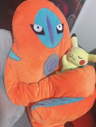 Rule 34 | bed, character doll, creatures (company), deoxys, deoxys (defense), expressionless, gagu (ulcer gag), game freak, gen 1 pokemon, gen 3 pokemon, highres, hug, lying, mythical pokemon, nintendo, no humans, no mouth, on bed, photo (medium), pikachu, pillow, pokemon, pokemon (creature), real life, simple background, size difference, sleeping, smile, tentacles