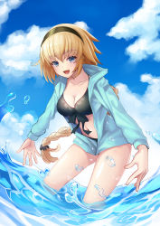 Rule 34 | 1girl, :d, absurdres, bikini, black bikini, black hairband, black ribbon, blonde hair, blue eyes, blue jacket, blue sky, blunt bangs, braid, breasts, cleavage, collarbone, day, fate/grand order, fate (series), hair between eyes, hair ornament, hairband, highres, jacket, jeanne d&#039;arc (fate), jeanne d&#039;arc (ruler) (fate), jeanne d&#039;arc (swimsuit archer) (fate), jeanne d&#039;arc (swimsuit archer) (first ascension) (fate), leaning forward, long hair, looking at viewer, medium breasts, navel, open clothes, open jacket, open mouth, outdoors, outstretched arms, ribbon, shinori (efvbji6264), single braid, sky, smile, solo, standing, swimsuit, very long hair, wading, water