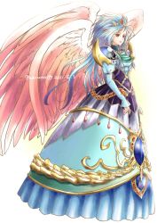 Rule 34 | 1girl, alternate costume, alternate form, angel wings, armor, blue hair, breath of fire, breath of fire ii, closed mouth, dress, feathered wings, gem, highres, jewelry, long hair, looking at viewer, maruno, nina (breath of fire ii), pauldrons, red eyes, shoulder armor, signature, simple background, tiara, wings