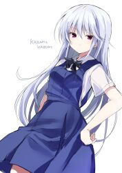 Rule 34 | &gt;:), 1girl, arm at side, black bow, black bowtie, blue dress, bow, bowtie, breasts, character name, closed mouth, commentary request, cowboy shot, dress, from below, grisaia (series), grisaia no kajitsu, hair between eyes, hand on own hip, highres, kazami kazuki, light blush, long hair, looking at viewer, purple eyes, school uniform, shirt, short sleeves, sidelocks, simple background, sleeveless, sleeveless dress, small breasts, smile, smug, solo, standing, takepoison, tsurime, v-shaped eyebrows, very long hair, white background, white hair, white shirt