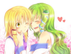 Rule 34 | 2girls, ^ ^, blonde hair, blush, blush stickers, closed eyes, detached sleeves, dress, female focus, floral background, flower, frog hair ornament, frown, gradient background, green hair, hair ornament, hair ribbon, hand on another&#039;s face, hands on another&#039;s face, heads together, heart, kochiya sanae, long hair, misocha, moriya suwako, multiple girls, no headwear, one eye closed, open mouth, ribbon, sarashi, short hair, sidelocks, smile, snake, teeth, touhou, twintails, upper body, wink, yellow eyes, yuri