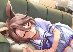 Rule 34 | 1girl, absurdres, animal ears, blush, bow, brown hair, closed eyes, commentary request, couch, cowboy shot, hair between eyes, highres, horse ears, horse girl, horse tail, indoors, lying, narita taishin (umamusume), nida keita, on couch, on side, one eye closed, parted lips, petticoat, pillow, pleated skirt, puffy short sleeves, puffy sleeves, purple bow, purple shirt, sailor collar, school uniform, shirt, short hair, short sleeves, skirt, solo, summer uniform, tail, thighhighs, tracen school uniform, umamusume, white skirt, white thighhighs
