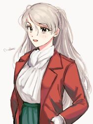 Rule 34 | 1girl, alternate costume, artist name, ascot, breasts, brown eyes, conte di cavour (kancolle), green pants, grey hair, hand in pocket, highres, jacket, kantai collection, large breasts, long hair, long sleeves, looking at viewer, nidou, open mouth, pants, shirt, simple background, smile, solo, two side up, white background, white shirt