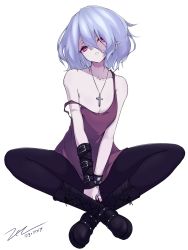 Rule 34 | 1girl, bare shoulders, boots, breasts, cleavage, commentary request, cross, cross-laced footwear, cross necklace, full body, goth fashion, highres, jewelry, lace-up boots, looking at viewer, medium breasts, necklace, parted lips, pink eyes, pointy ears, purple hair, remilia scarlet, scarlet zel, short hair, simple background, sitting, solo, touhou, white background