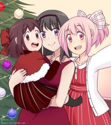 Rule 34 | 10s, 3girls, akemi homura, black hair, bow, brown hair, carrying, christmas lights, christmas ornaments, christmas tree, dot nose, dress, hair bow, hair ribbon, hairband, highres, homura-chu, if they mated, jewelry, kaname madoka, long hair, looking at viewer, mahou shoujo madoka magica, mahou shoujo madoka magica (anime), mother and daughter, multiple girls, necklace, original, pink eyes, pink hair, purple eyes, reaching, reaching towards viewer, ribbon, selfie, short hair, smile, taking picture, watermark, web address, wife and wife, yuri