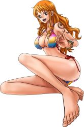 Rule 34 | 1girl, barefoot, big feet, bikini, bracelet, breasts, brown eyes, cleavage, earrings, feet, highres, jewelry, knee up, large breasts, legs, long hair, nami (one piece), necklace, one piece, open mouth, orange hair, side-tie bikini bottom, sitting, smile, solo, swimsuit, tattoo, toes, undressing