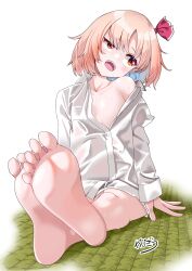 Rule 34 | 1girl, absurdres, bare legs, barefoot, blonde hair, commission, feet, flat chest, foot focus, full body, hair ribbon, highres, hot, kabi killer, legs, long sleeves, naked shirt, no pants, off shoulder, red eyes, ribbon, rumia, shirt, short hair, simple background, sitting, skeb commission, soles, sweat, toes, touhou, white background, white shirt
