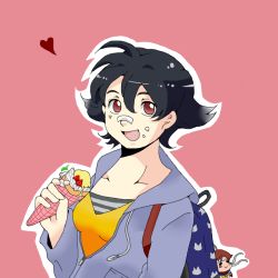 Rule 34 | 1girl, backpack, bag, bandaid, bandaid on face, bandaid on nose, black hair, casual, cellphone charm, character charm, character doll, charm (object), cream, cream on face, crepe, food, food on face, hood, hoodie, kasugano sakura, makoto (street fighter), merii (seraphimsong), pink background, red eyes, short hair, solo, street fighter