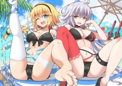 Rule 34 | ahoge, annoyed, barefoot, beach chair, beach umbrella, bikini, blonde hair, blue eyes, blue sky, breasts, cloud, cloudy sky, day, fate/grand order, fate (series), full body, grey hair, hand on own cheek, hand on own face, headband, highres, jacket, jeanne d&#039;arc (fate), jeanne d&#039;arc (swimsuit archer) (fate), jeanne d&#039;arc alter (fate), jeanne d&#039;arc alter (swimsuit berserker) (fate), katana, leg up, one eye closed, open clothes, open jacket, open mouth, outdoors, partially unzipped, shimouki izui, single thighhigh, sitting, sky, smile, spread legs, swimsuit, sword, teeth, thigh strap, thighhighs, thighs, tree, umbrella, upper teeth only, water, weapon, white thighhighs, yellow eyes