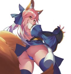Rule 34 | 1girl, animal ear fluff, animal ears, ass, blue bow, blue kimono, blue panties, blue thighhighs, bow, breasts, detached sleeves, fate/extra, fate (series), fox ears, fox girl, fox tail, from below, hair between eyes, hair bow, highres, japanese clothes, kimono, large breasts, looking down, ninsaki (9saki), obi, panties, pelvic curtain, pink hair, sash, short kimono, sidelocks, simple background, solo, standing, tail, tamamo (fate), tamamo no mae (fate/extra), thighhighs, thong, twintails, underwear, white background, wide sleeves, yellow eyes