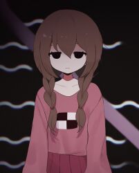 Rule 34 | 1girl, black background, black eyes, braid, brown hair, clarevoir, closed mouth, collarbone, empty eyes, expressionless, hair between eyes, highres, long hair, looking at viewer, madotsuki, pink shirt, pleated skirt, print shirt, purple skirt, shaded face, shirt, sidelocks, skirt, solo, twin braids, yume nikki
